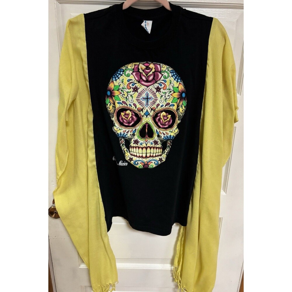 Upcycled Sugar Skull Cancun Mexico Kimono Sleeves Shirt One Size Fits Most Boho